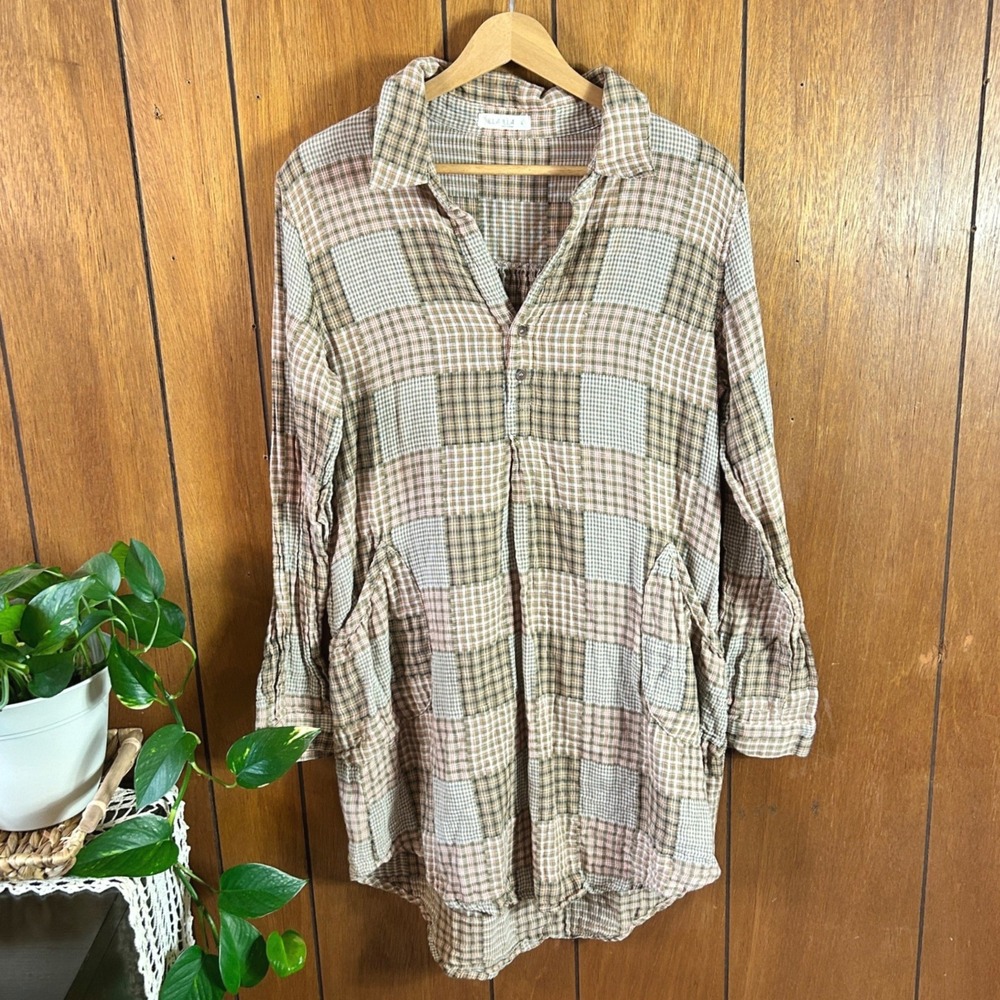Illa Illa Womens Large Plaid Patchwork Cotton‎ Gauze Tunic Shirt Dress Boho